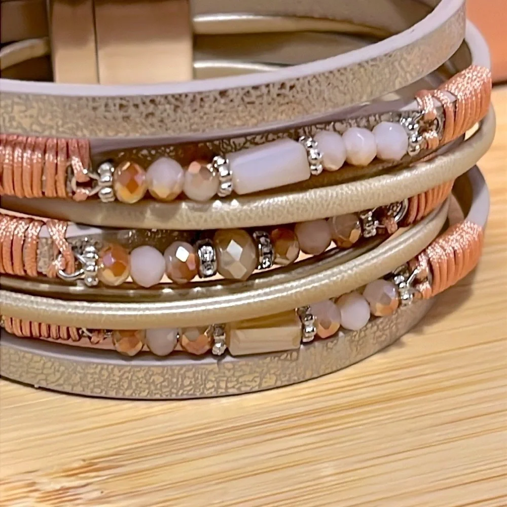 Brand New Multi-Strap Beaded Vegan Leather Wrap Magnetic Clasp Metallic Bracelet